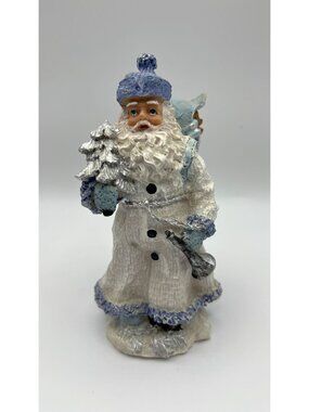 Vintage Santa Claus Figurine With Blue Hat & Sack White Robe With Glitter Accent